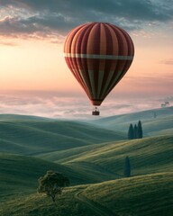 Fototapeta premium Hot air balloon floating above farmland