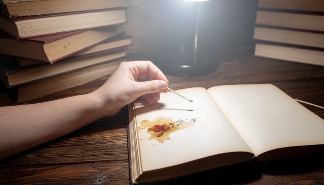 Simple Experiments for Kids Performing Hidden Ink Secret Message Reveal on Vintage Paper with Lamp Light in a Dark Library Study Room
