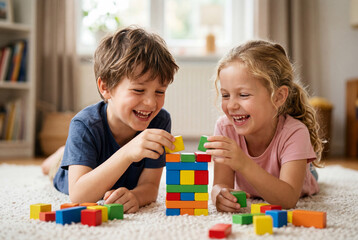 Obraz premium Happy boy and girl playing with colorful wooden building blocks at home