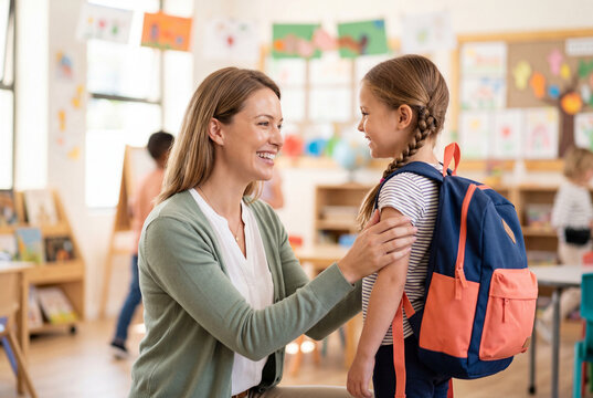 Smiling female teacher welcoming a young student into the classroom