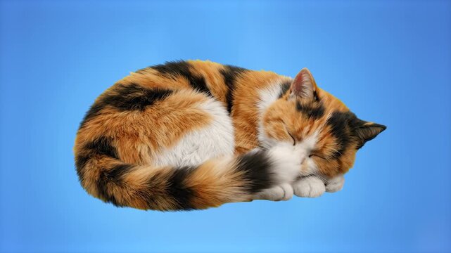 A cute calico cat with distinct orange, black, and white fur markings sleeping peacefully curled up into a ball, isolated against a solid light blue background. Ideal for veterinary marketing, pet car