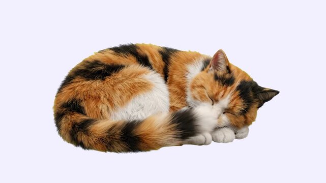 A cute calico cat curled up asleep, isolated on a soft light background. Ideal for pet care promotions, veterinary advertising, animal welfare, cozy lifestyle content, sleeping pets, and domestic anim