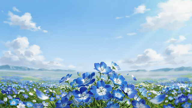 Painterly field of blue nemophila flowers under a bright sunny sky