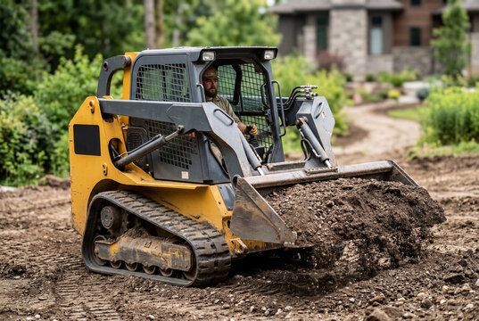 Yellow compact track loader moving pile of dark soil at construction site