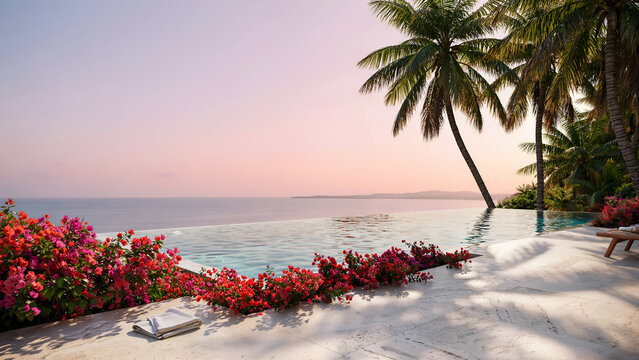Infinity pool overlooking the ocean at sunset with bougainvillea