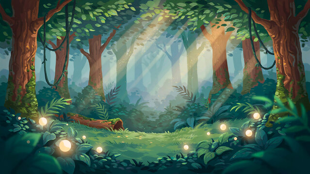 Sunbeams filtering through a lush green forest with glowing orbs