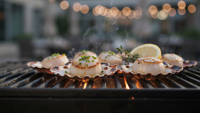 Seared scallops in shells cooking on a hot outdoor grill