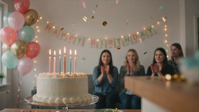 Birthday cake with lit candles and blurred friends clapping in background