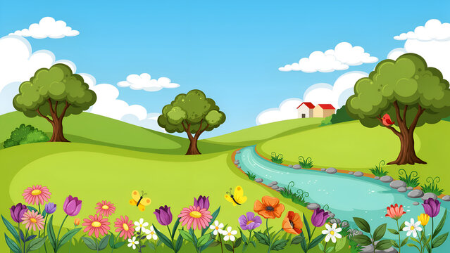 Cartoon landscape with rolling green hills, flowing river, and colorful wildflowers