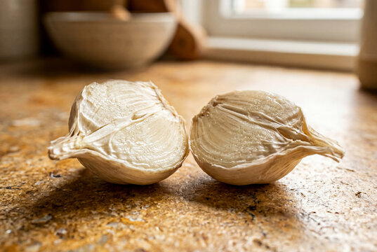 A single raw garlic clove cut lengthwise into two halves revealing its fresh internal texture