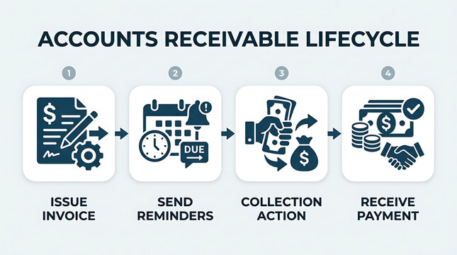 Financial process diagram illustrates accounts receivable lifecycle with invoice, reminders, collection, and payment steps
