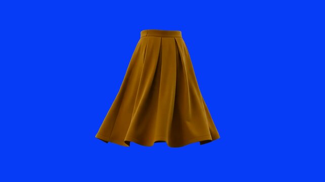A 3D render of a classic brown pleated midi skirt with a flared silhouette, floating and isolated against a solid blue chroma key backdrop. Perfect for fashion design concepts, online apparel store ad