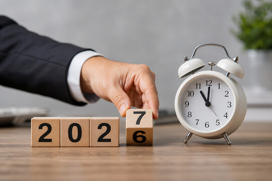 Businessman changing wooden blocks from 2026 to 2027 with an analog alarm clock on desk