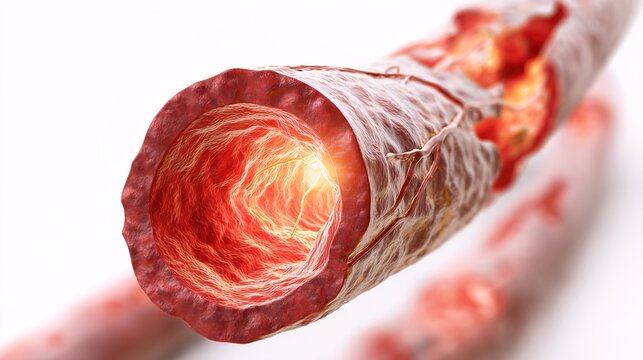 3D medical illustration of angina pectoris, coronary artery spasm and heart chest pain condition, human heart cross-section anatomy showing narrowed blood vessels, ischemic myocardium