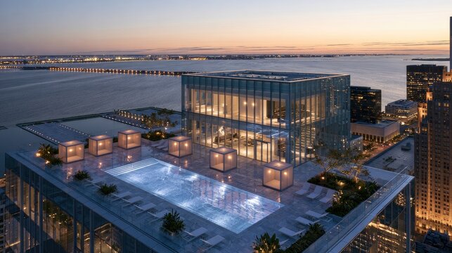 Luxury high-rise rooftop pool deck with city skyline and water view at dusk