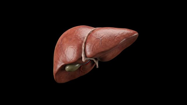 A realistic 3D anatomical model of a human liver with gallbladder and hepatic veins, isolated on a sleek black background. Great for hepatology research presentations, medical education guides, liver 