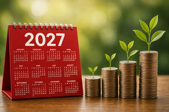 Red 2027 Calendar with Growing Stacks of Coins and Green Plant Sprouts for Financial Planning