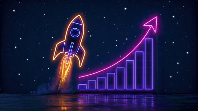 Neon rocket blasts off next to a glowing bar graph on a starry night