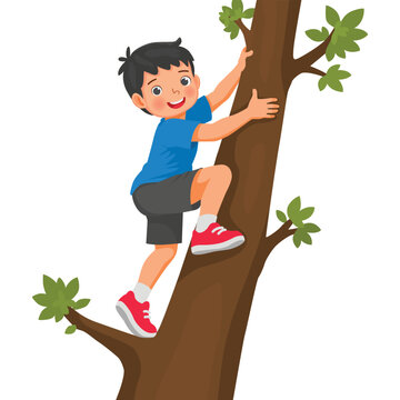 Little boy climbing a tree in the park 