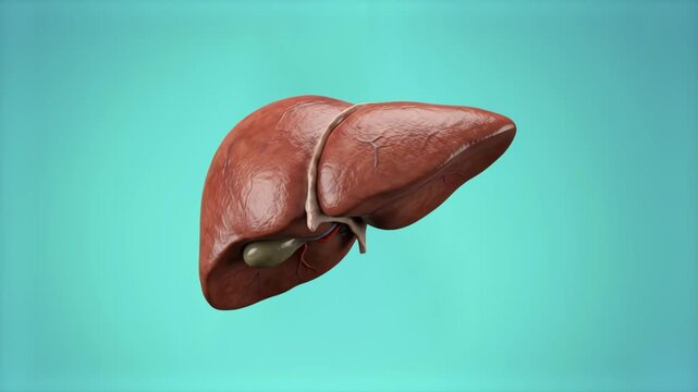 Detailed 3D render of a human liver with visible gallbladder levitating against a mint green backdrop. Great for health and wellness marketing, medical documentaries, biological research videos, and e