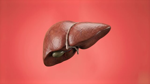A detailed 3D anatomical model of a human liver, showing its lobes and the gallbladder, rotates slowly against a solid red background. This educational rendering is perfect for medical presentations, 