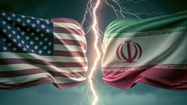 Flags clash amid stormy skies and lightning, symbolizing geopolitical tension