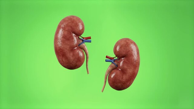 A pair of realistic human kidneys, highlighting the renal veins, arteries, and ureters, rotate against a solid green screen backdrop. This 3D medical animation is optimized for seamless compositing in
