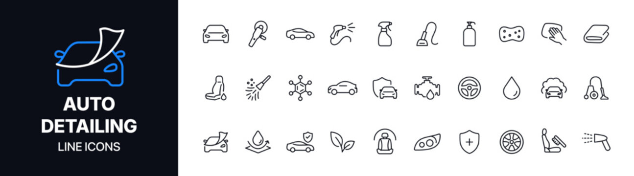Modern car wash services line icon set featuring auto detailing, vehicle cleaning, pressure washing, waxing, interior care, maintenance, and automotive service symbols.