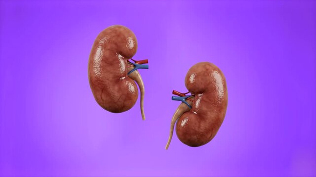 A pair of anatomically detailed human kidneys with blood vessels are displayed rotating against a bright purple background. This stylized 3D render is perfect for renal health promotions, medical info