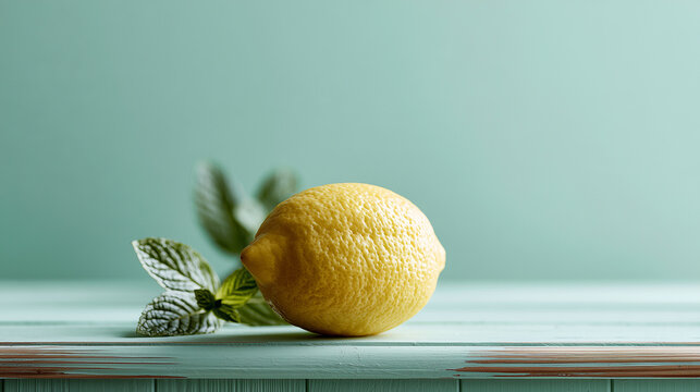 Single Fresh Lemon with Mint Leaves on Light Green Wooden Table