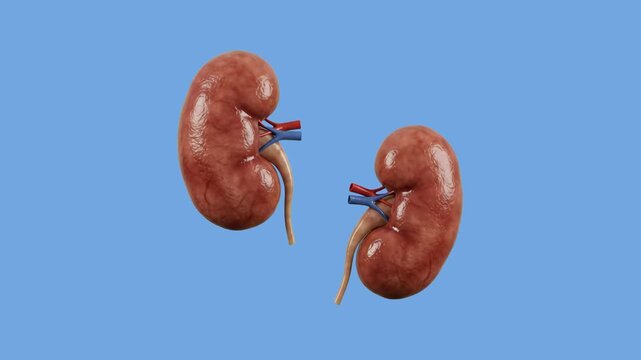 A realistic 3D render of a pair of human kidneys showing anatomical details with renal veins and arteries. Isolated on a clean light blue background, perfect for nephrology, medical education, renal s