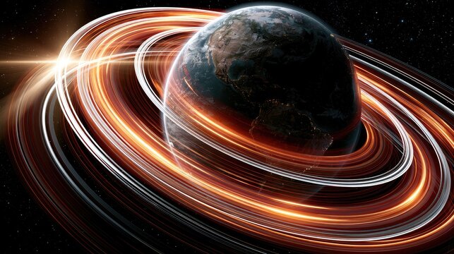 Glowing cosmic rings encircle a glowing planet against a starry backdrop