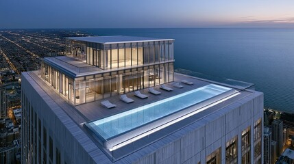 Fototapeta premium Luxury rooftop pool on skyscraper at dusk, overlooking city and ocean