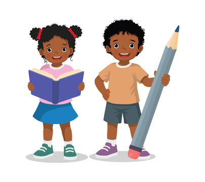 Two African children holding big pencil and book
