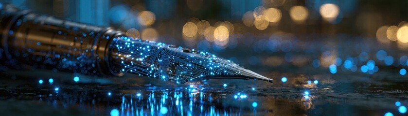 Naklejka premium A metallic pen tip glows with tiny blue lights against a blurred background