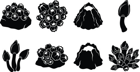 Solid black silhouette collection of marine barnacles featuring acorn and gooseneck varieties for nautical coastal design. © Rokon