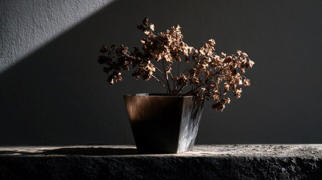 A single, dry, dead plant in a square pot sits on a stone shelf