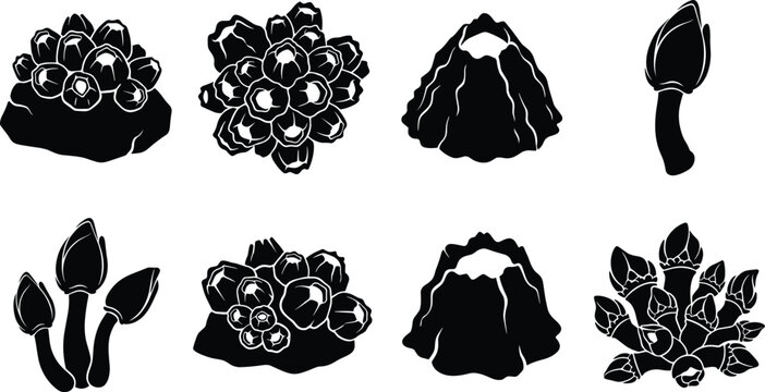 Solid black silhouette collection of marine barnacles featuring acorn and gooseneck varieties for nautical coastal design.