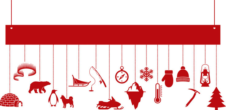 Arctic expedition icons hanging from red banner, winter adventure symbols and polar wildlife vector, north pole exploration silhouettes for travel design