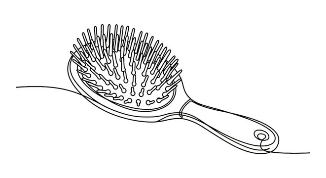 Minimalist black and white line art of a classic hairbrush