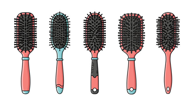 Set of colorful pixel art hairbrushes for hair care and styling