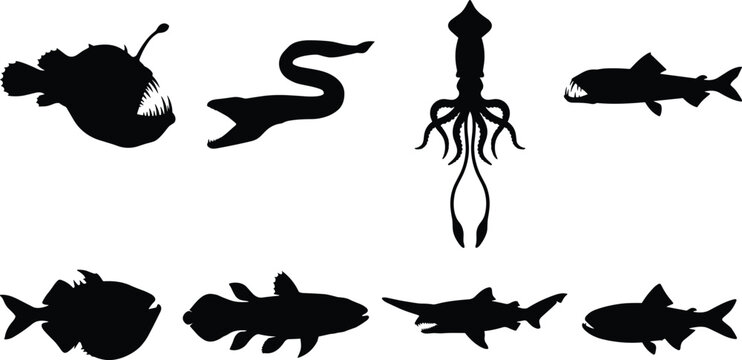 Solid black silhouette collection of deep sea creatures and ocean predators featuring anglerfish, goblin shark, and giant squid.