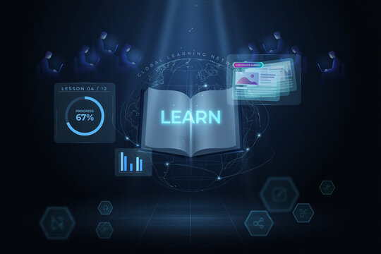 E-learning concept with people online learning, book and digital interface