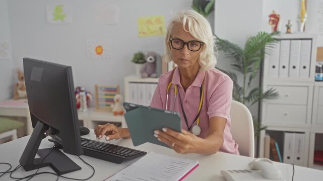 Woman doctor with stethoscope and glasses holding tablet and typing with hand on keyboard among patient forms and phone at desk in clinic building; calm attentive care.
