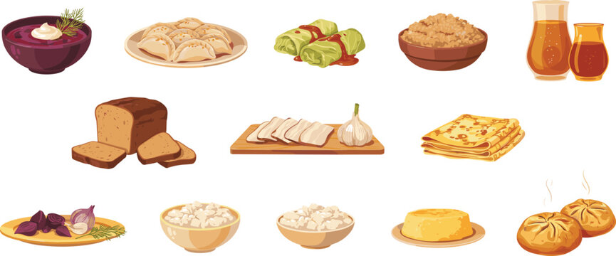 Traditional Ukrainian Cuisine Food Vector Icon Set with Borscht Varenyky Dumplings Cabbage Rolls Salo Rye Bread and Kvas Illustrations for Eastern European Menu Designs