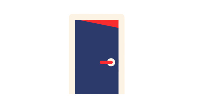 A minimalist graphic illustration of a closed door with a dark blue panel, red and white accents, and a red handle.