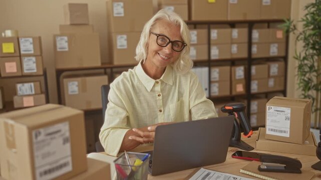 Woman at laptop smiling while scanning parcels with a barcode scanner inside a warehouse building; confidence entrepreneurship success.
