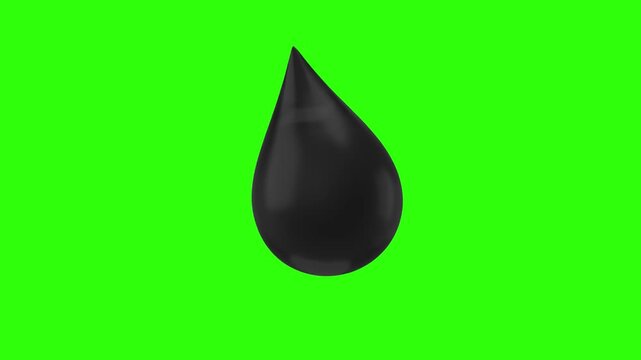 A glossy 3D render of a heavy black crude oil droplet isolated on a bright green chroma key background. Designed for energy sector media, petroleum industry, fuel crisis, pollution concepts, and easy 