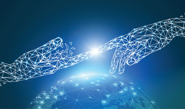 Concept of global network or communication technology, digital hand pointing and touching together on wireframe globe