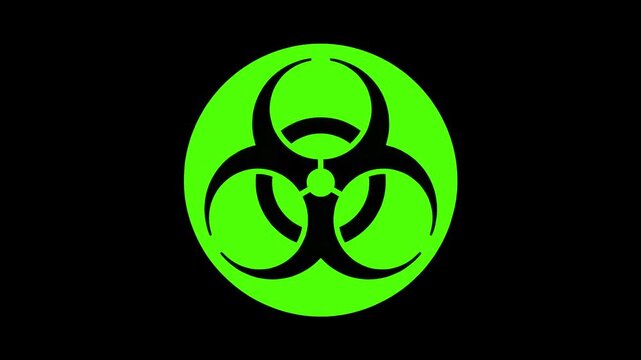 A graphic icon of a neon green circular biohazard sign with a black biohazard symbol, isolated on a black background. Perfect for toxic hazard visuals, virus outbreak graphics, biological research, la